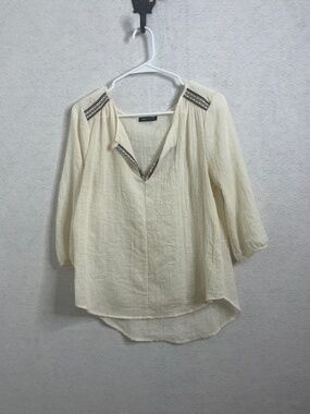 Jella Couture Cream Boho Embroidered Blouse 3/4 Sleeve Textured Top Size Medium